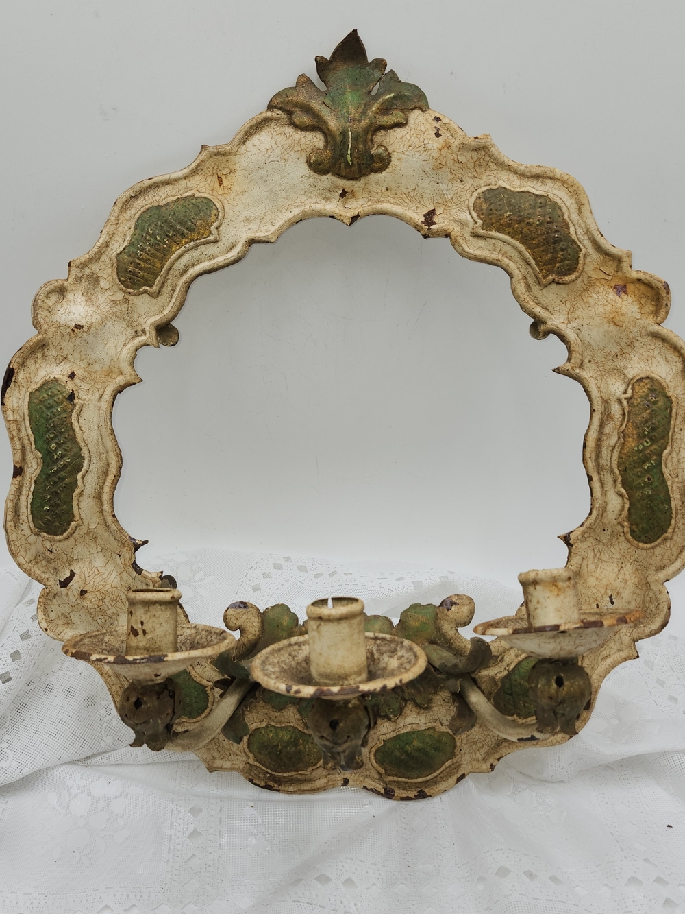 Vintage Antique Cream Metal Wall Sconce Wreath  Taper Candle Distressed 18" Door